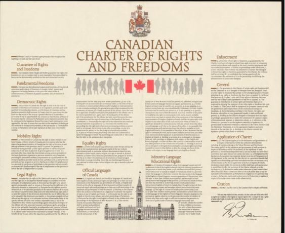 加拿大宪法法案，右下角为女王签名